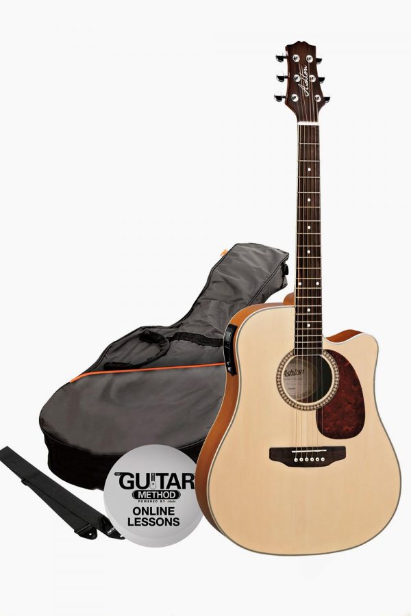 Pack guitarra electroacustica mate natural asthon con funda