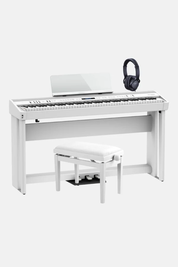 Pack Piano Digital Vertical Roland FP-90X Blanco + Soporte + Banqueta + Pedalera (Auriculares de regalo)